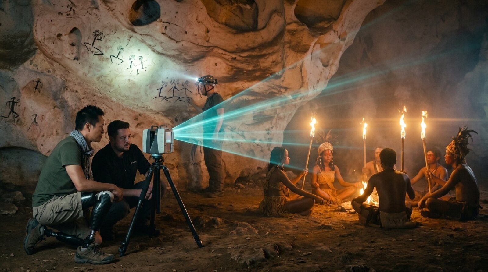Modern explorers scanning the cave with LiDAR while the ancient community, blended into the same space, gathers in a firelit ritual circle that the rock art on the walls depicts