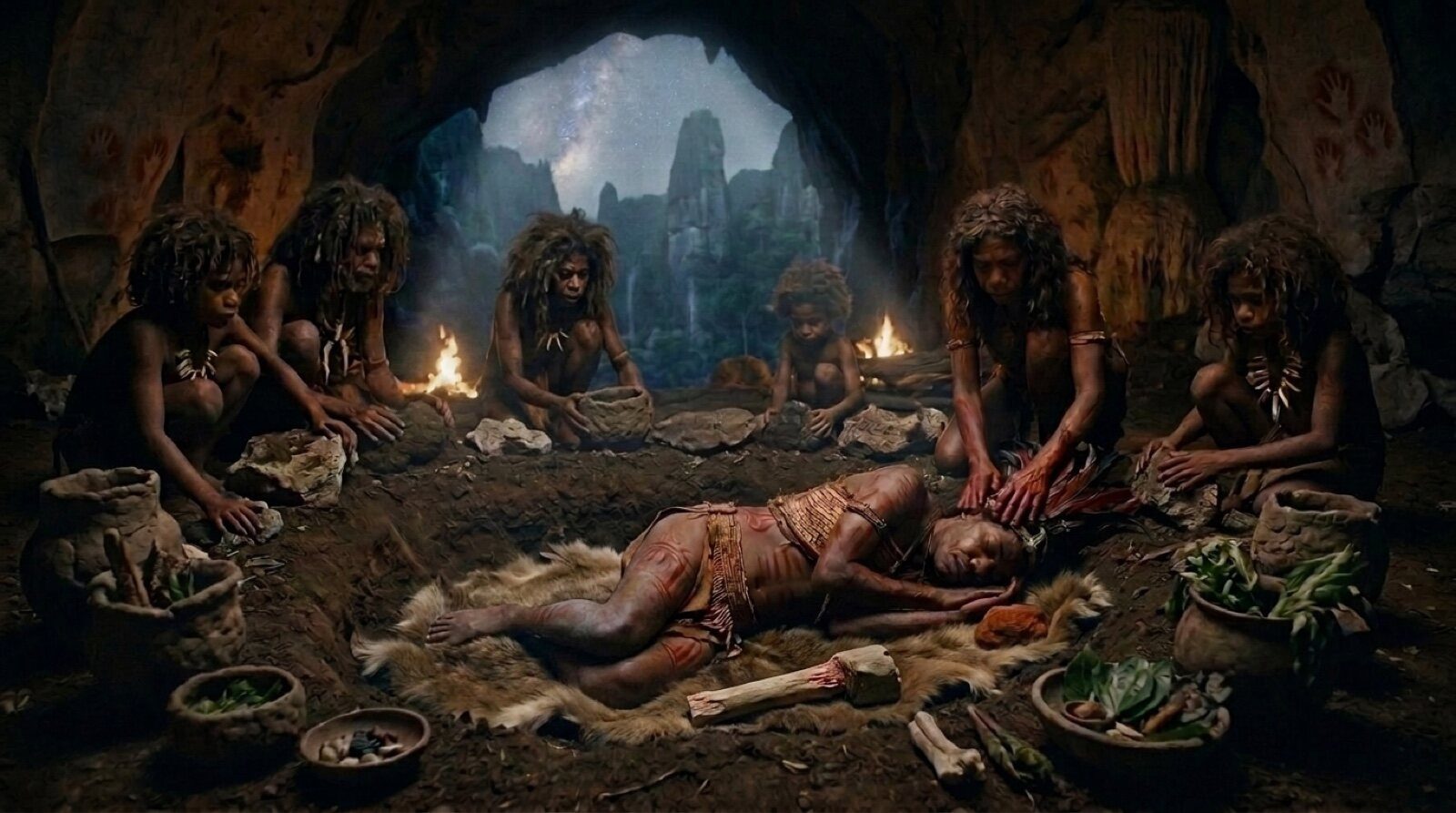 The flexed burial of the young adult Tebo 1 in Liang Tebo cave, a red ochre nodule by his jaw and flaked stone tools around him, the community covering him with earth under the Milky Way