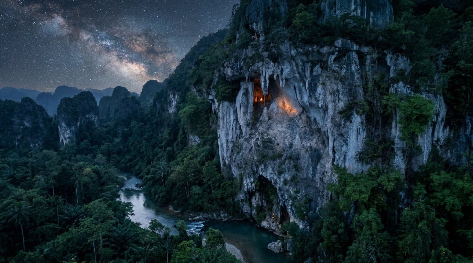 The Liang Tebo karst cliff at night, the cave glowing high above the river born from the spring, beneath the Milky Way