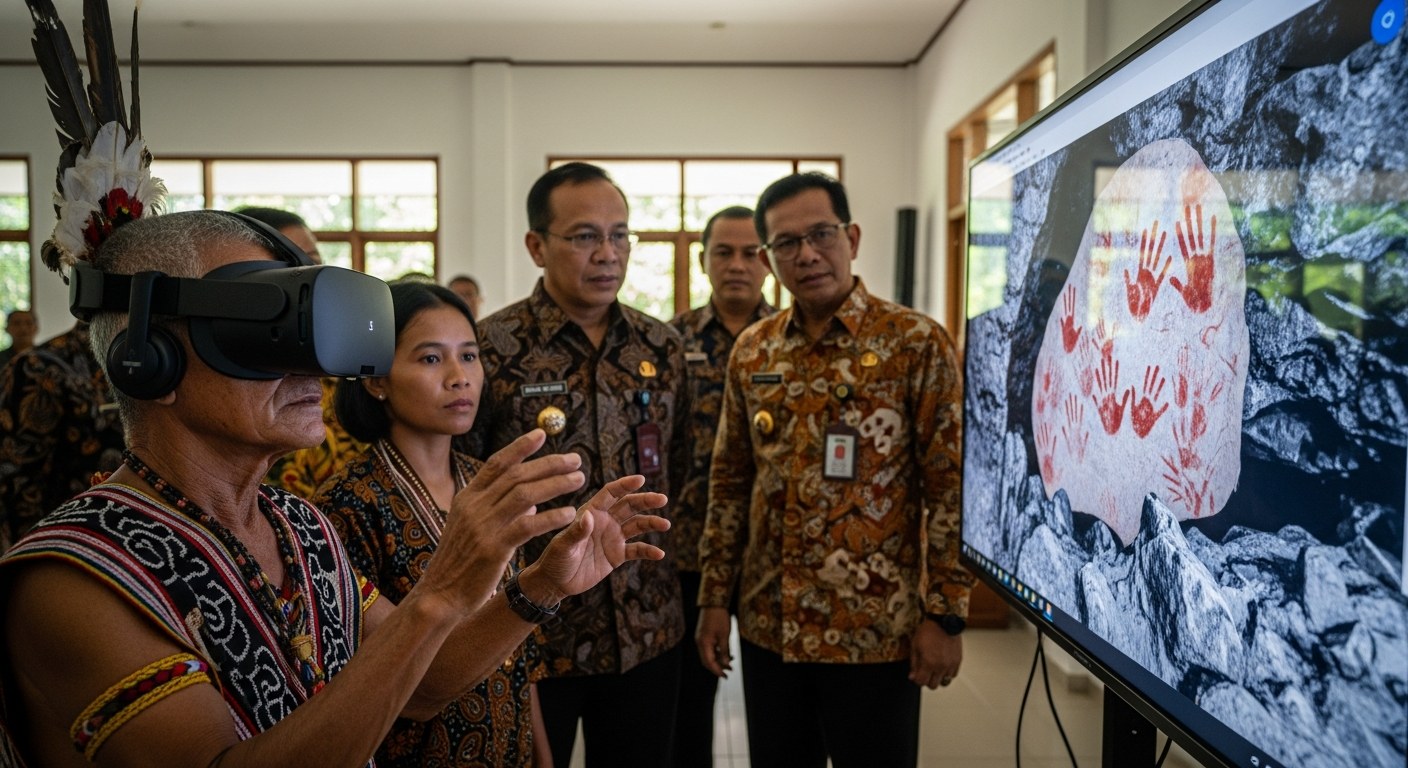 A Dayak elder in traditional dress wears a VR headset while a younger Dayak woman and Indonesian government officials look on, a screen beside them showing the cave's red-ochre hand stencils, using the immersive experience to make the case for protecting the karst