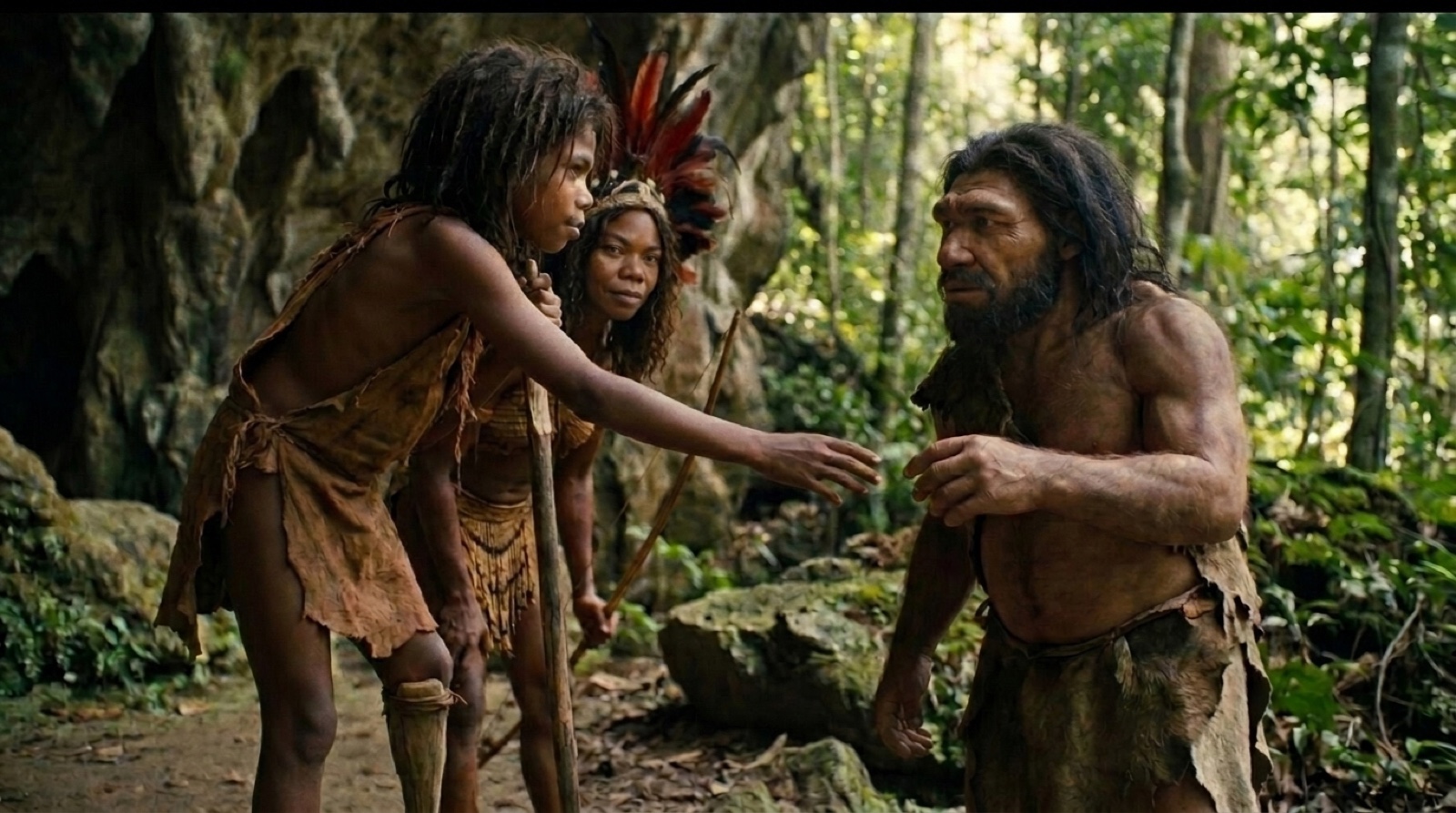 A child reaches an open hand toward a wary Denisovan in the Borneo forest, a feathered woman watching