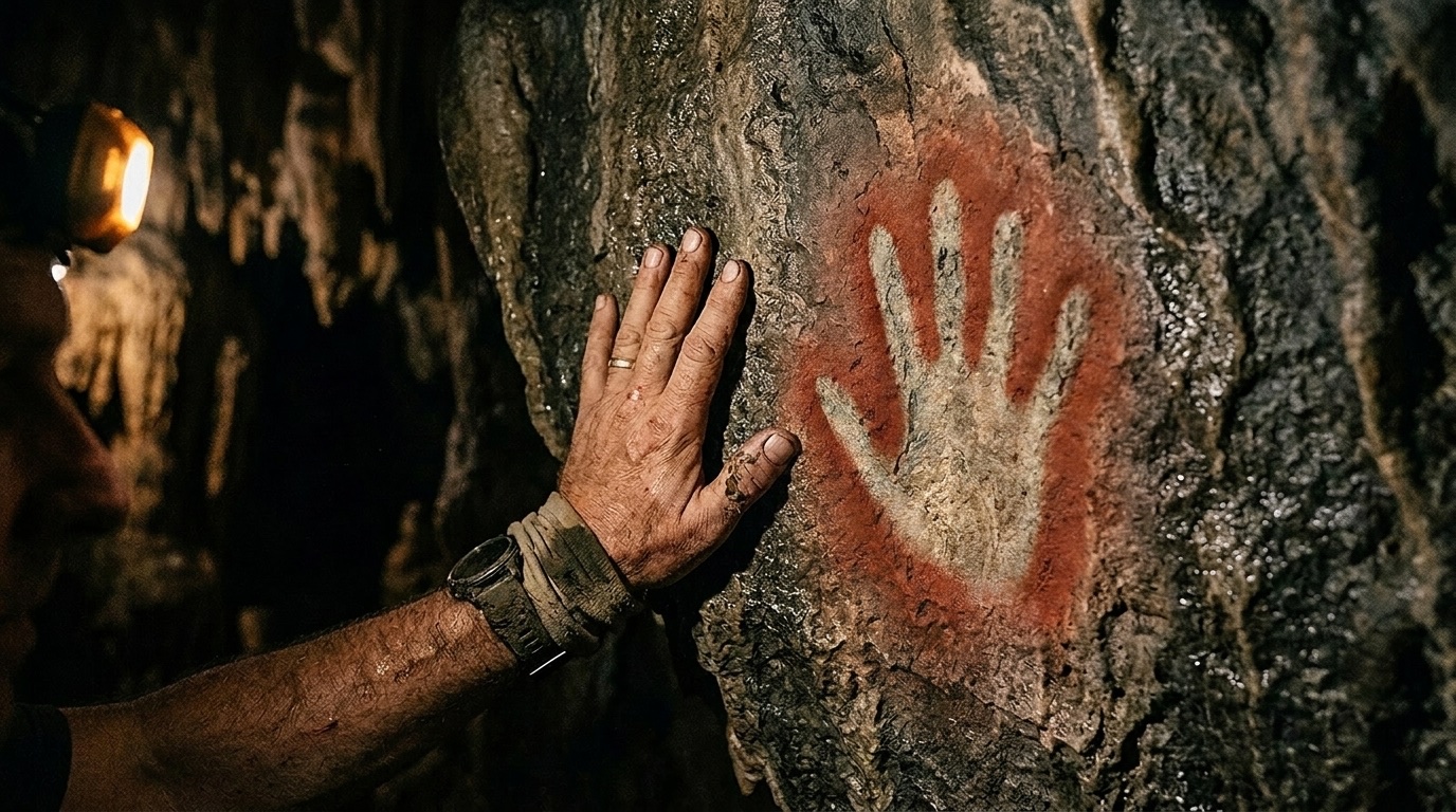A modern explorer's hand pressed flat against the cave wall beside an ancient blown-ochre hand stencil — the negative of a hand, sprayed in red ochre — of the same size