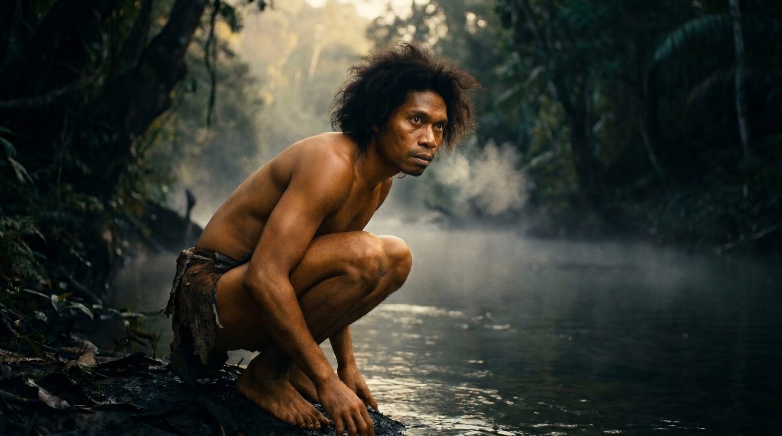 A lone early modern human crouched at the edge of a misty river at first light, animal-like and alert, before language or community