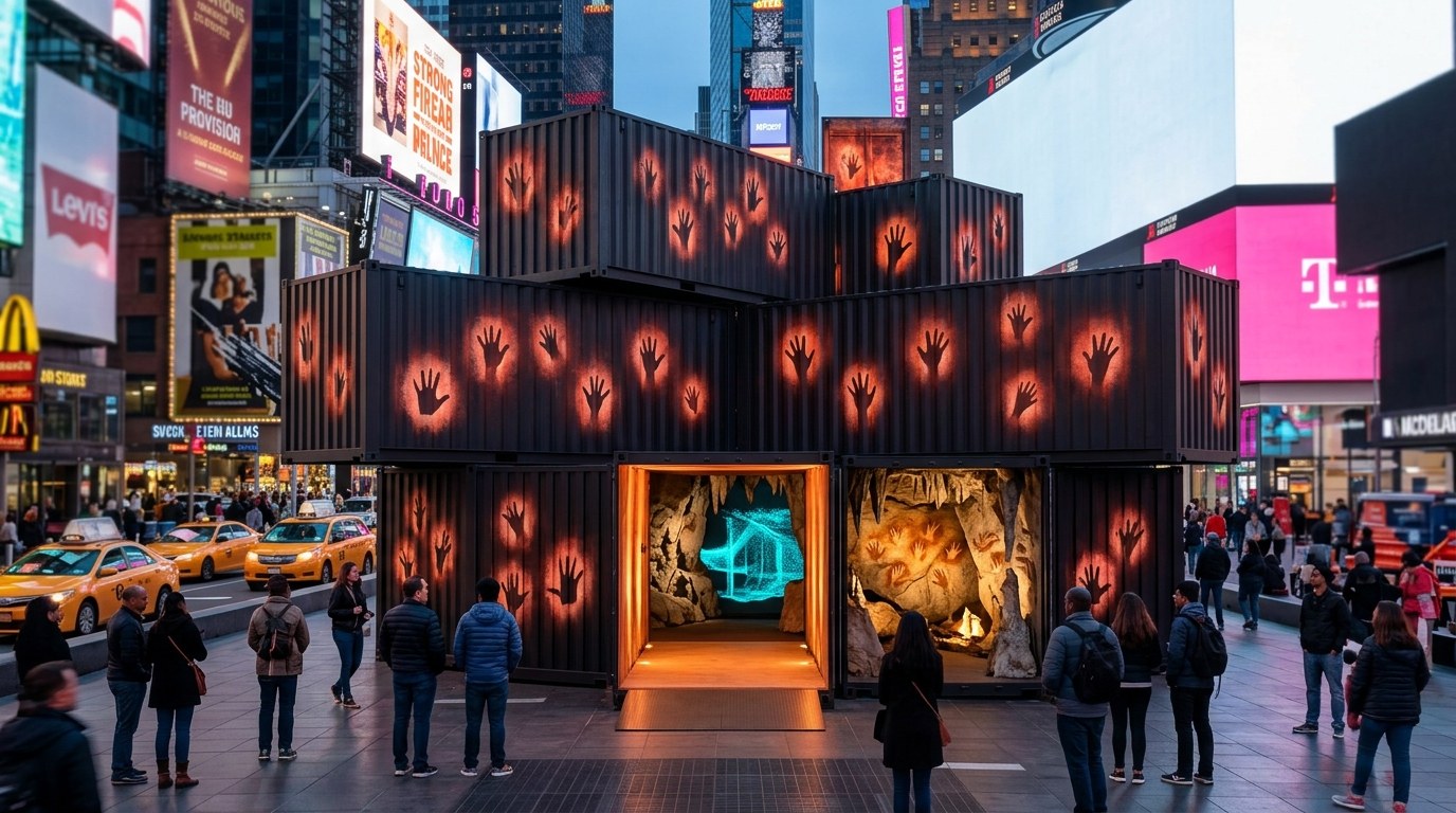 A traveling exhibition of stacked shipping containers in the middle of Times Square, its dark walls glowing with ochre hand stencils, opening onto a reconstructed cave that a crowd steps into