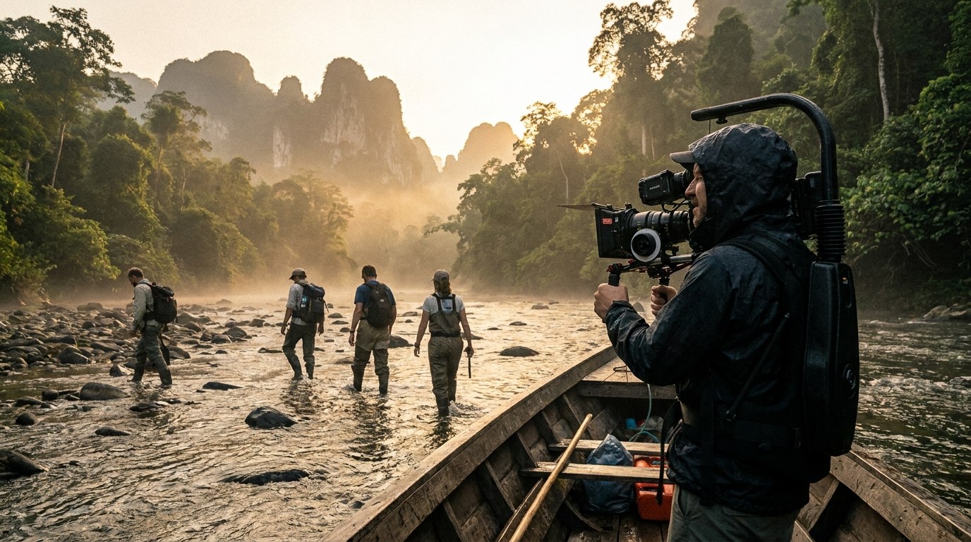 A documentary cinematographer filming the expedition team wading up a misty karst river at dawn