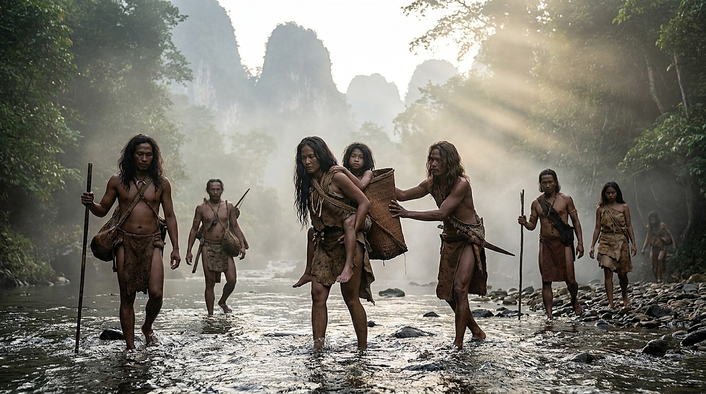 A Pleistocene Bornean community carrying an injured youth across a misty river