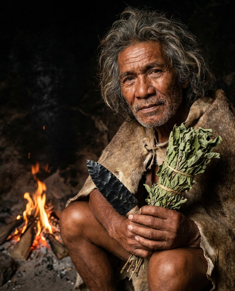 The elder healer holding a stone blade and medicinal leaves