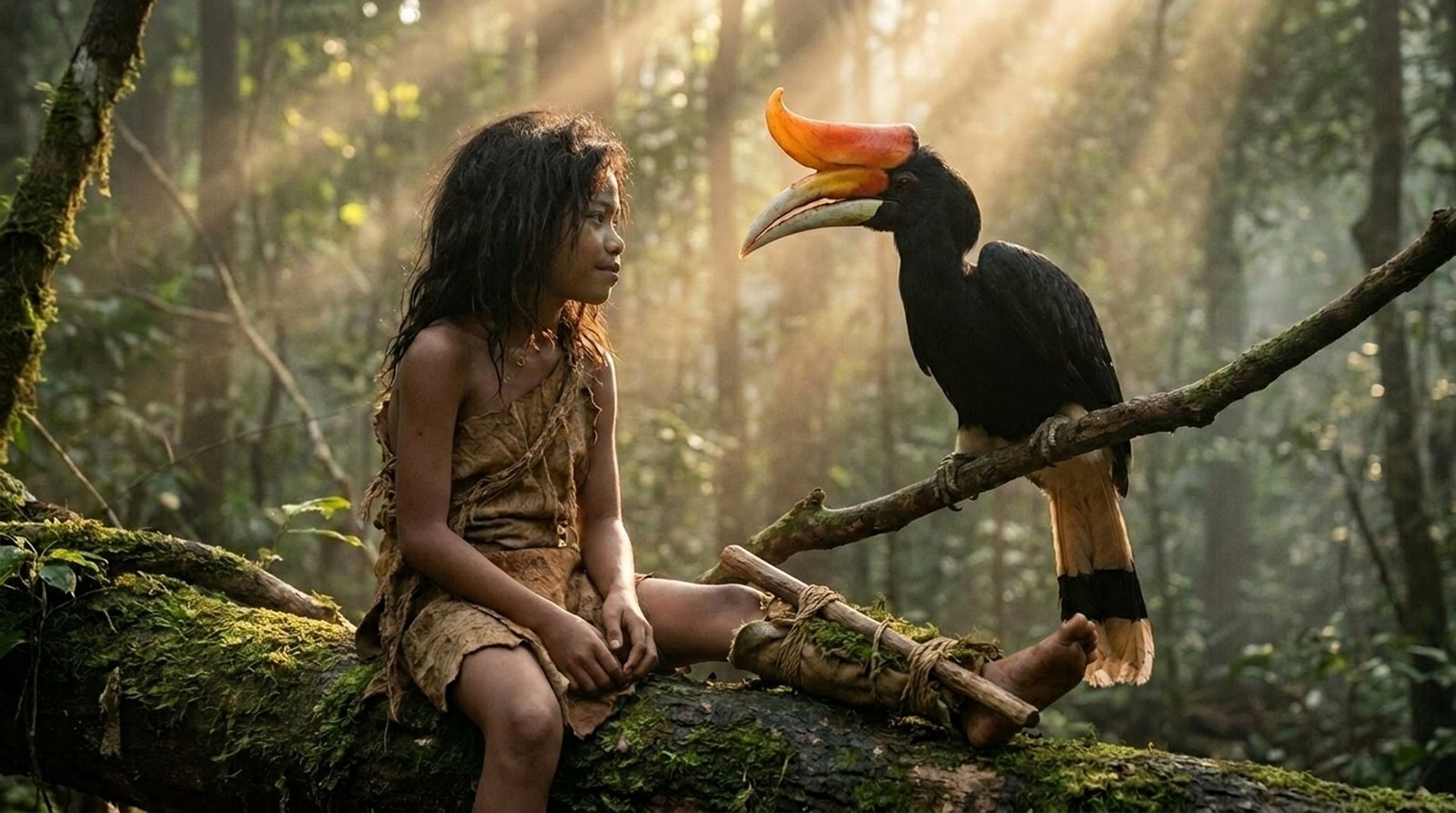 A rhinoceros hornbill regards Tebo 1 in the forest