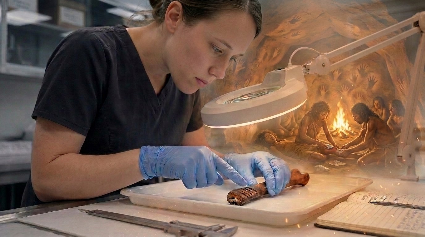 A bioarchaeologist examines the bone as the ancient operation appears in the cave behind her