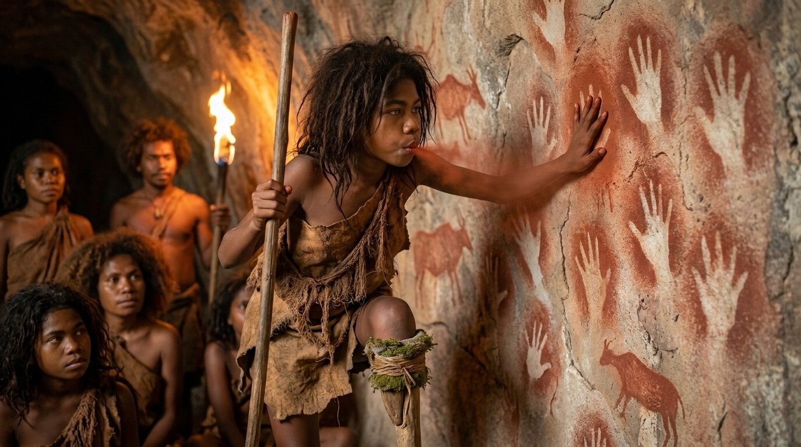 Tebo 1 grown, painting the cave wall on a gripping carved leg
