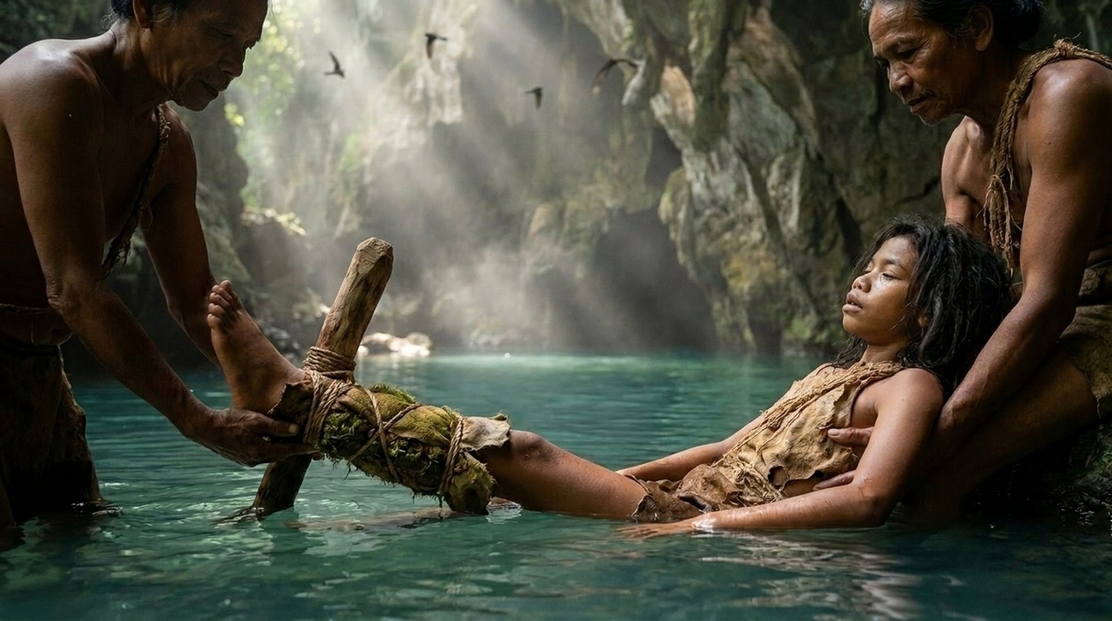 Kin lower the injured Tebo 1 into the turquoise karst spring, trying to heal the leg
