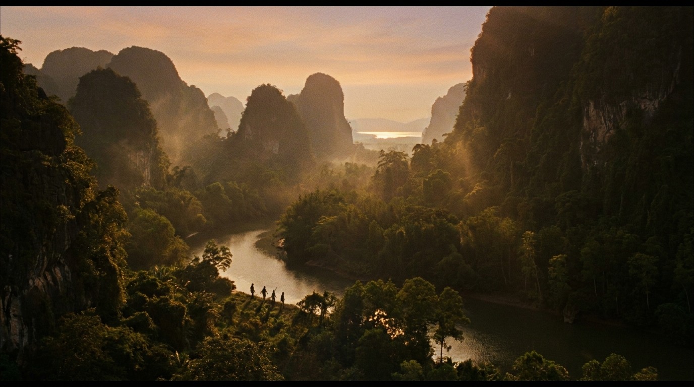 A small band crossing a vast misty karst river valley at golden hour, dwarfed by the landscape
