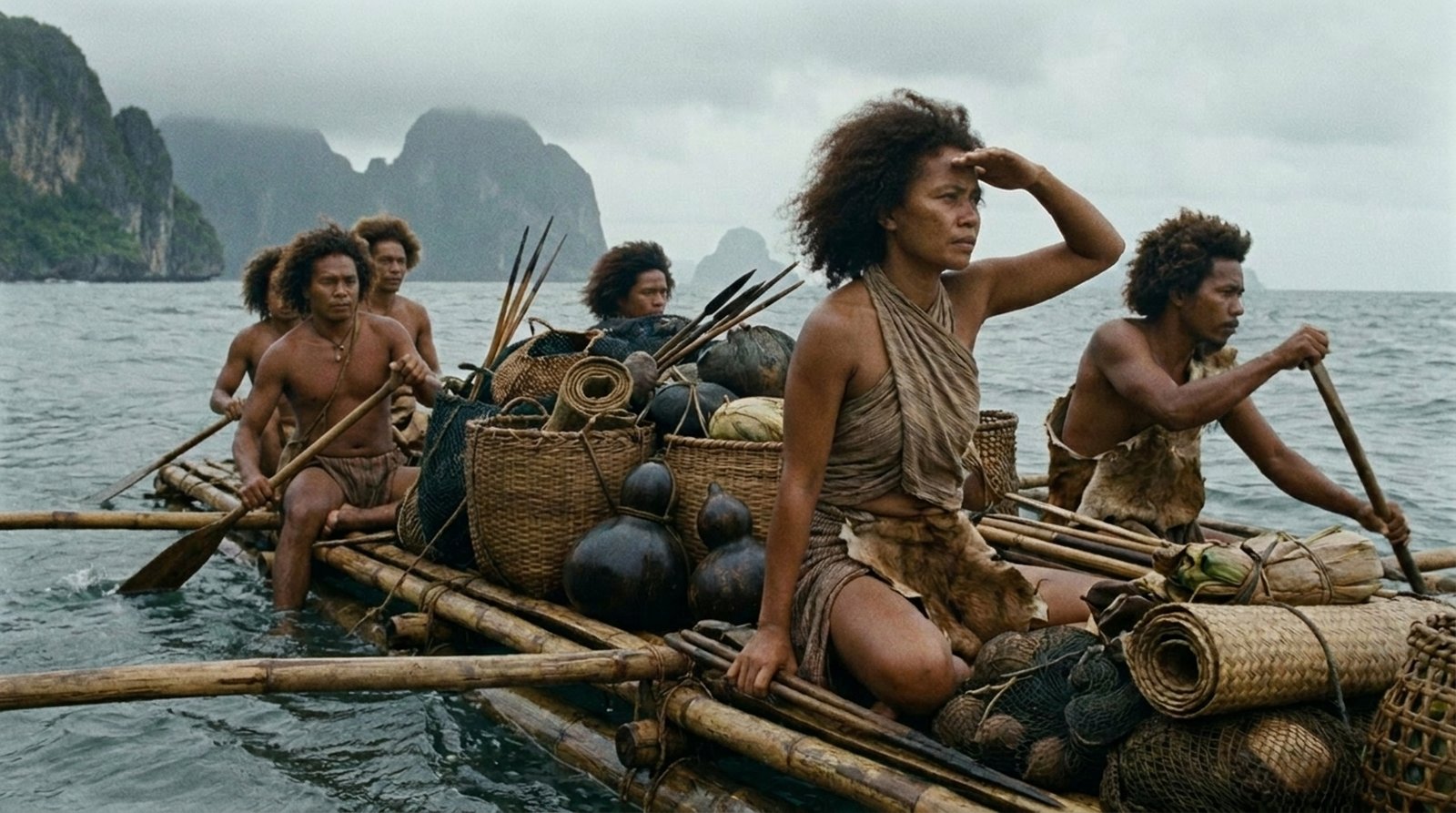 A mixed crew at sea, a woman navigating by the stars