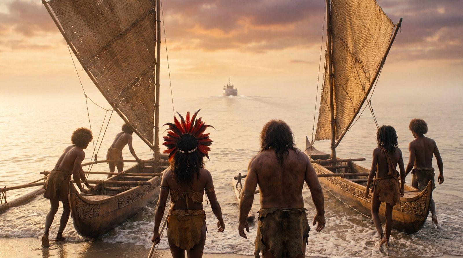 Over the shoulders of Tebo 1's people launching their wayfinding outrigger ships at dawn, looking out to sea as a small modern boat sails away on the horizon
