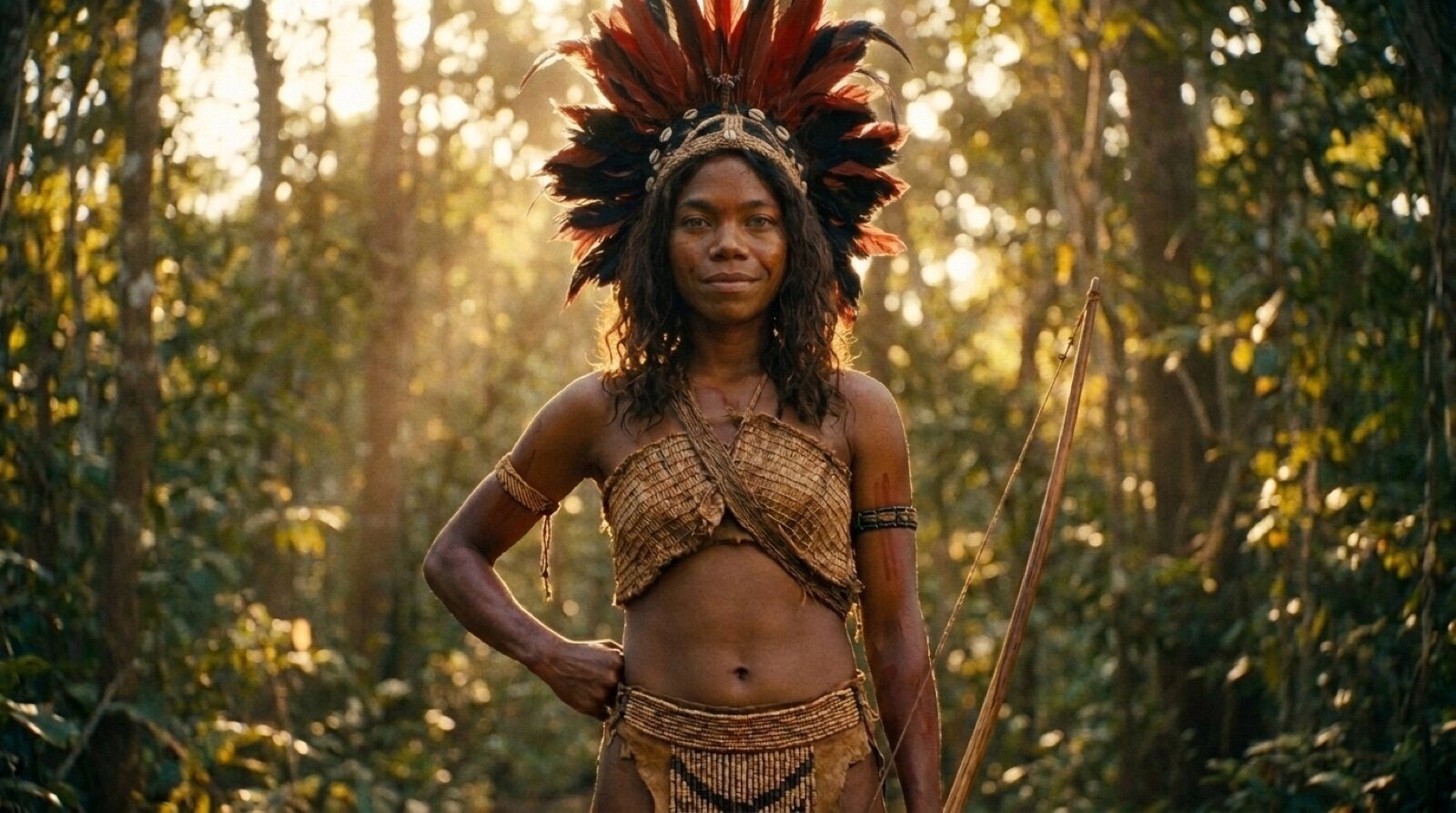 A young huntress of the band, Tebo 1's friend, standing in the sunlit jungle with a bow at her side