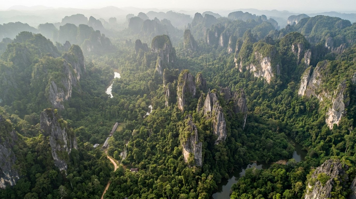 The same karst landscape under unbroken rainforest canopy