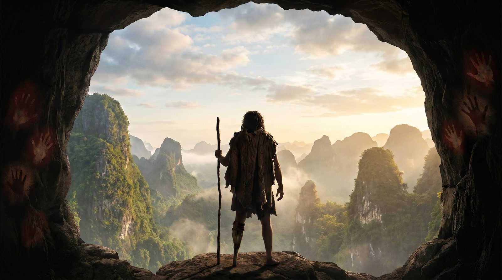 Tebo 1 stands in the mouth of the cave, looking out over the misty karst