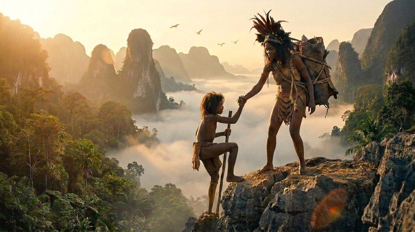 Bulan reaches a hand down to help Tebo 1, on his peg leg, up onto a karst cliff lookout over a vast misty landscape