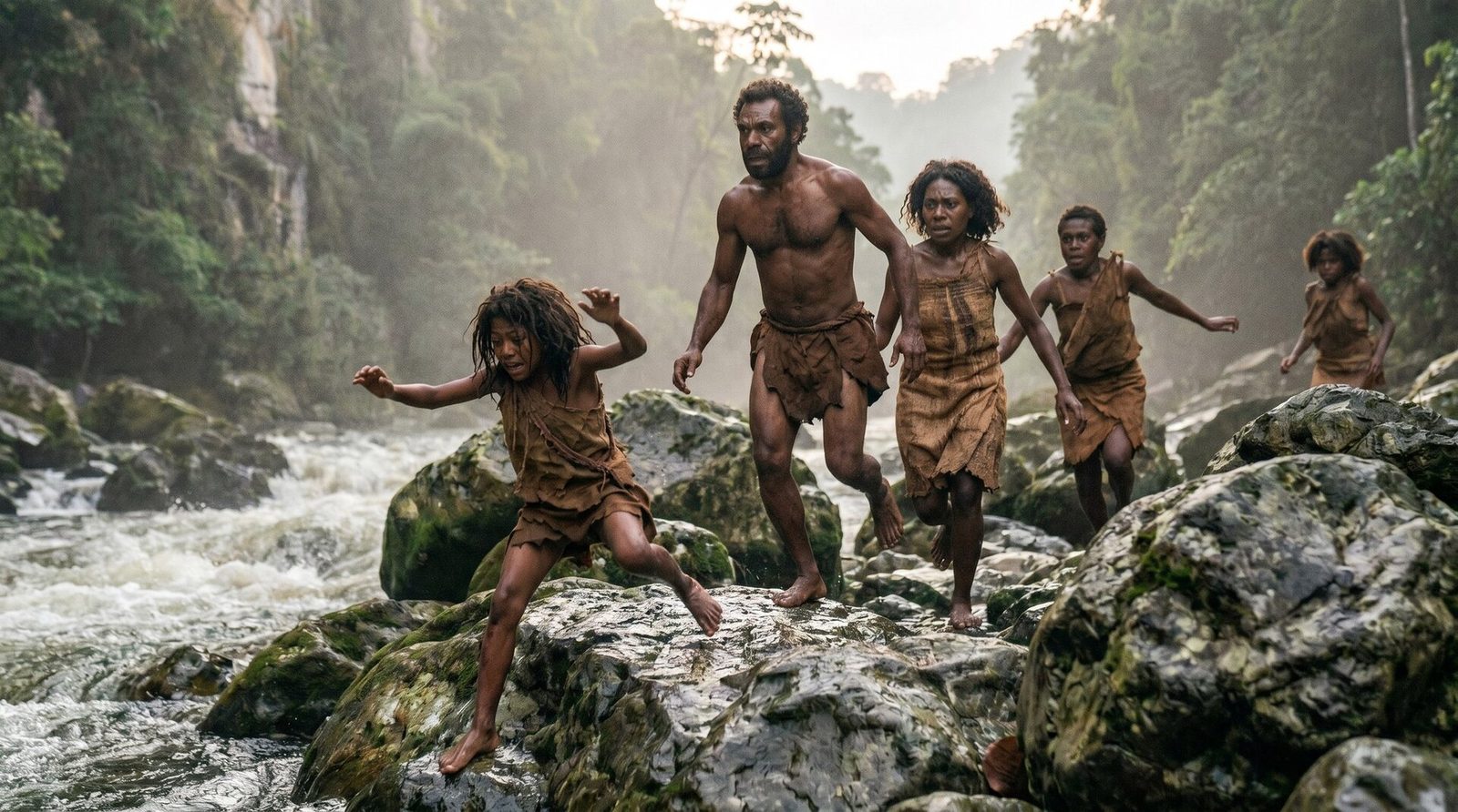 Tebo 1's family flees in fear across the wet boulders of a misty river gorge, the young able-bodied child slipping on the slick rock just before he falls