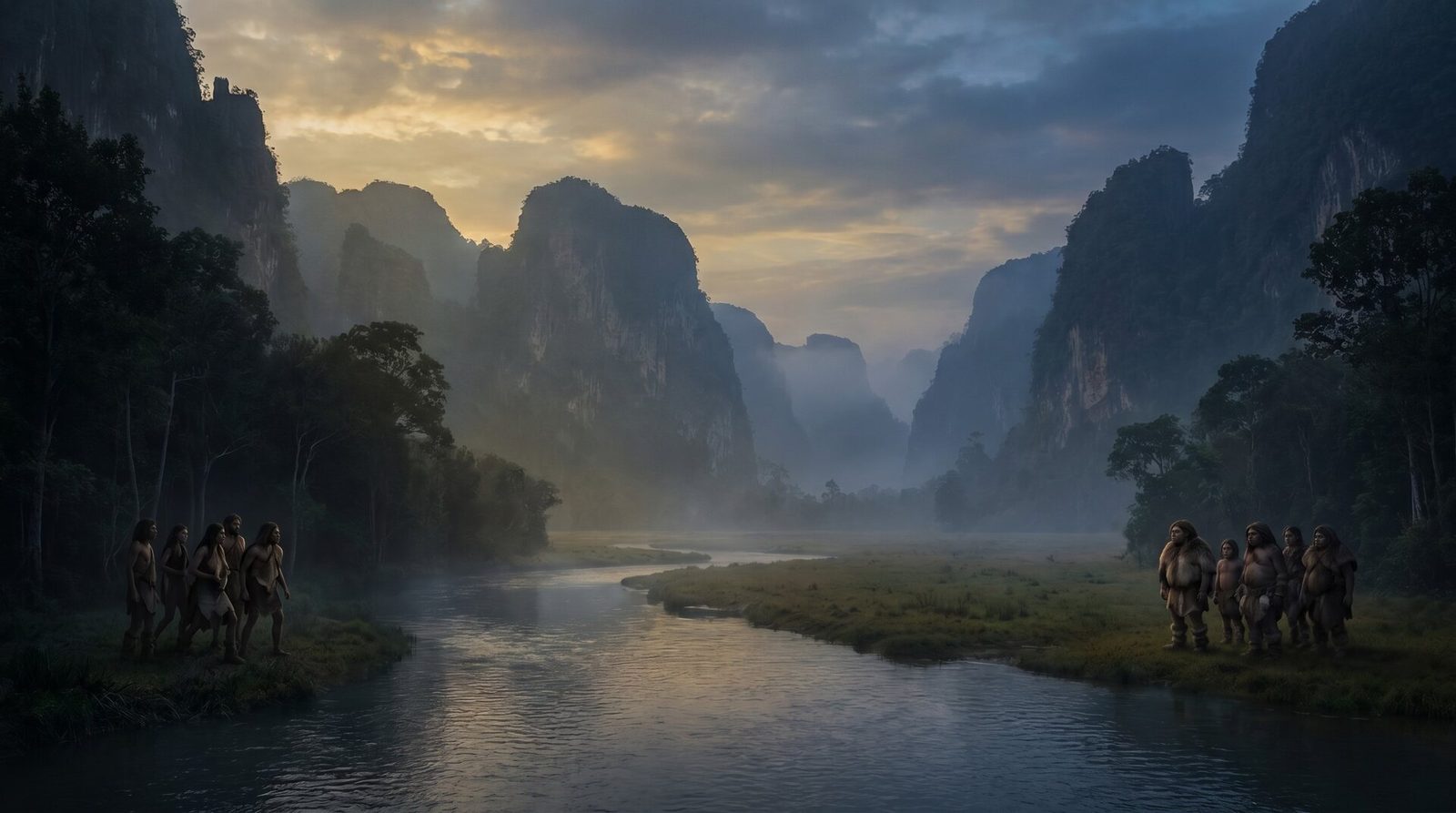 A wide dusk valley in Late Pleistocene Borneo: a small band of Homo sapiens on one riverbank and a small band of robust Denisovans on the other, keeping their distance
