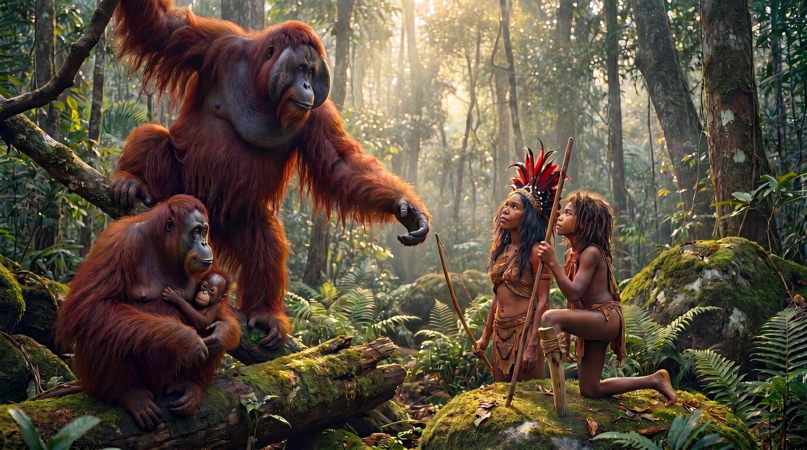 Tebo 1 and his friend Bulan meet a group of large Pleistocene orangutans in the misty Borneo rainforest, the great male reaching out a hand