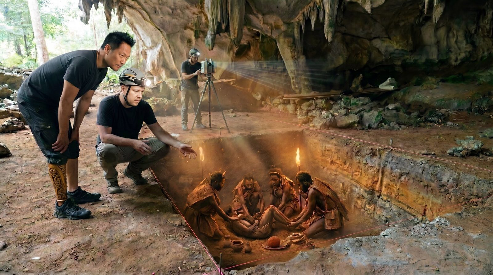 Dr. Maxime Aubert crouches at the Liang Tebo excavation trench showing Albert Lin the layout of the dig, the open pit blending like a portal into the Tebo 1 community laying their own to rest in the same spot 31,000 years ago