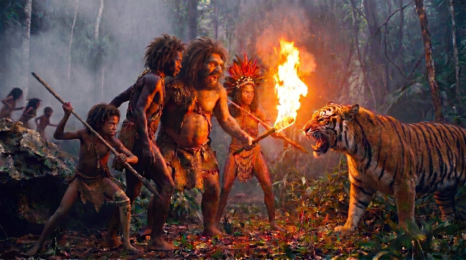 Tebo 1's band and the Denisovan drive off a majestic snarling tiger together with fire and spears in the misty Borneo rainforest at dusk