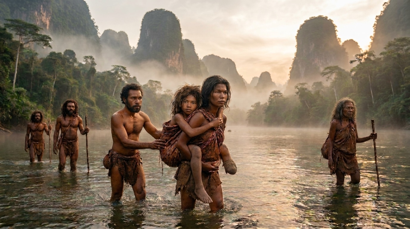 The community carries one of its own across a river