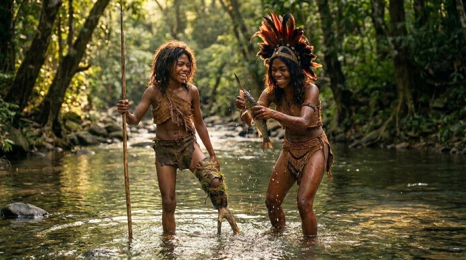 Tebo 1, on his peg leg, and his friend Bulan fishing and laughing together in a sunlit karst river