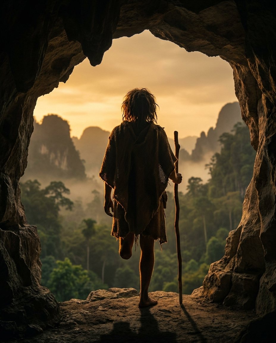 Tebo 1, an imagined reconstruction, standing in the mouth of the cave looking out over the karst, the left leg amputated below the knee