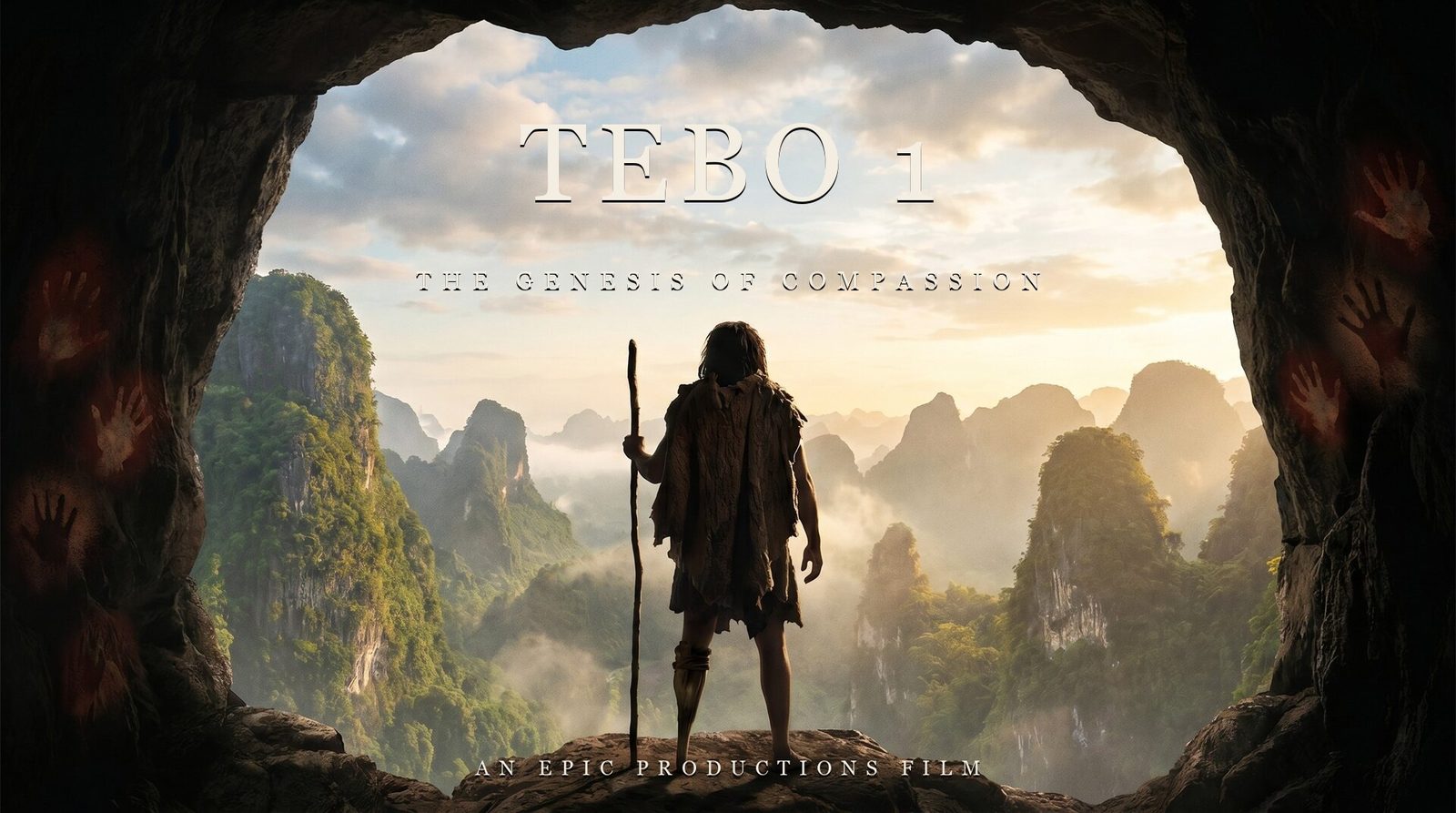 TEBO 1 — The Genesis of Compassion, an Epic Productions film: title card over a lone figure with a staff at the mouth of a cave looking across the misty karst