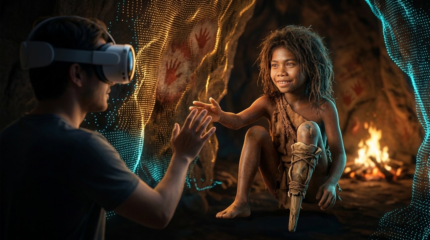 A present-day viewer in a VR headset reaches out to Tebo 1 — the young amputee child on a makeshift peg — who reaches back across 31,000 years inside a glowing point-cloud reconstruction of the cave