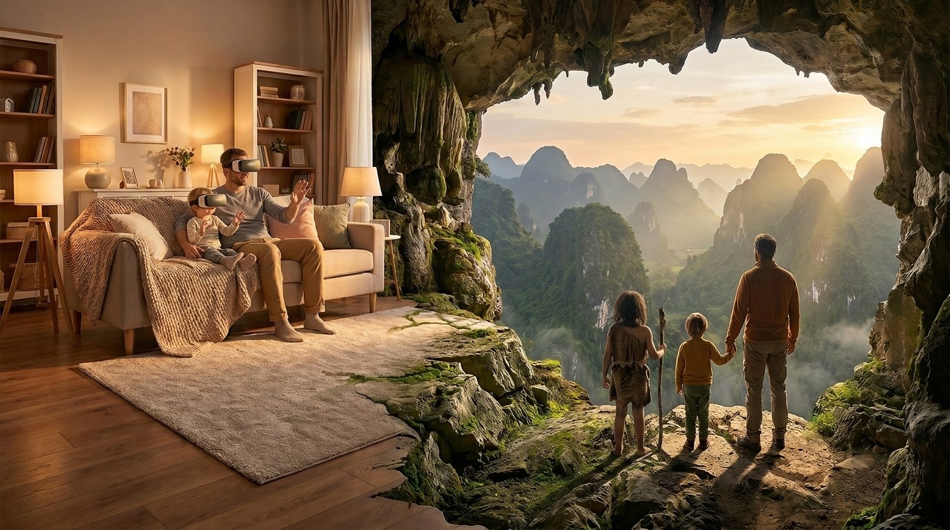 A family wearing VR headsets on their living-room couch, the room opening onto a cave overlook where a man and a child stand beside Tebo 1, all looking out over the misty Borneo karst as ochre hand stencils ring the cave mouth